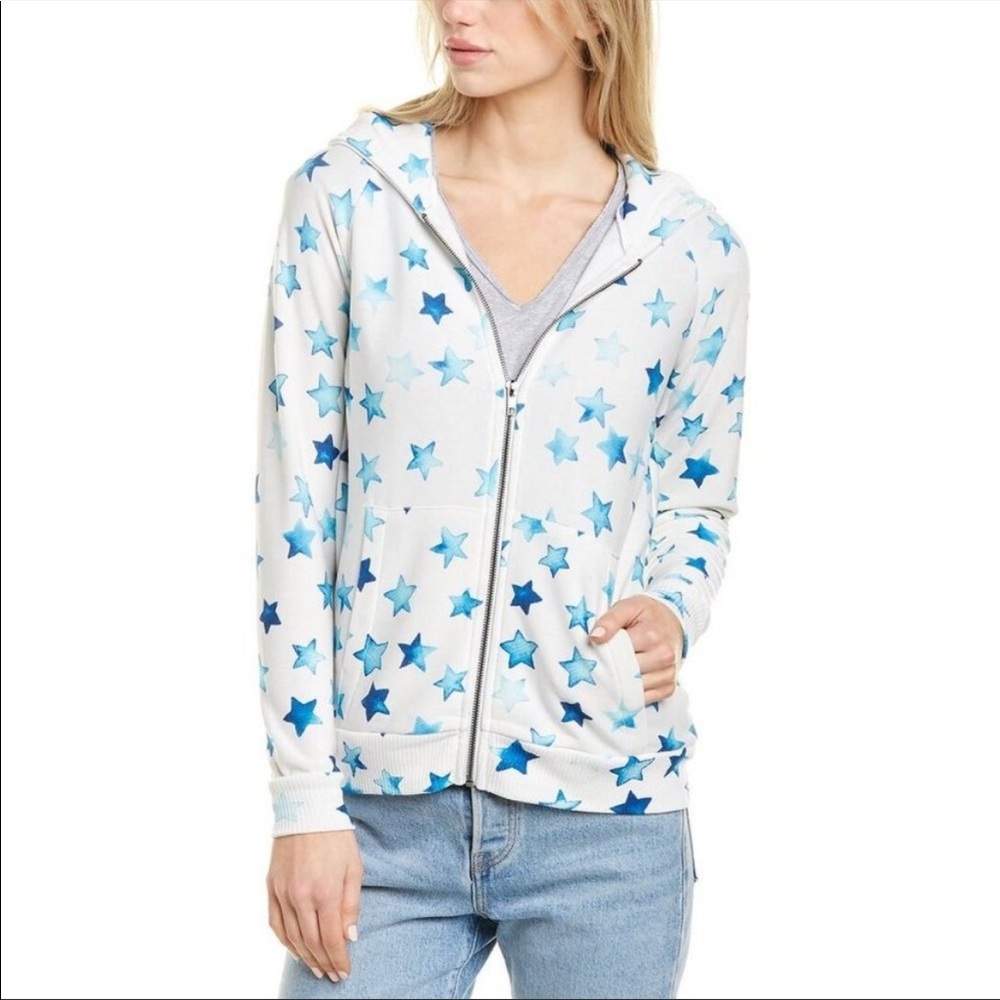 CHASER Indigo Stars Zip Front Hoodie Sweater Blue White NWT Womens Size Medium M